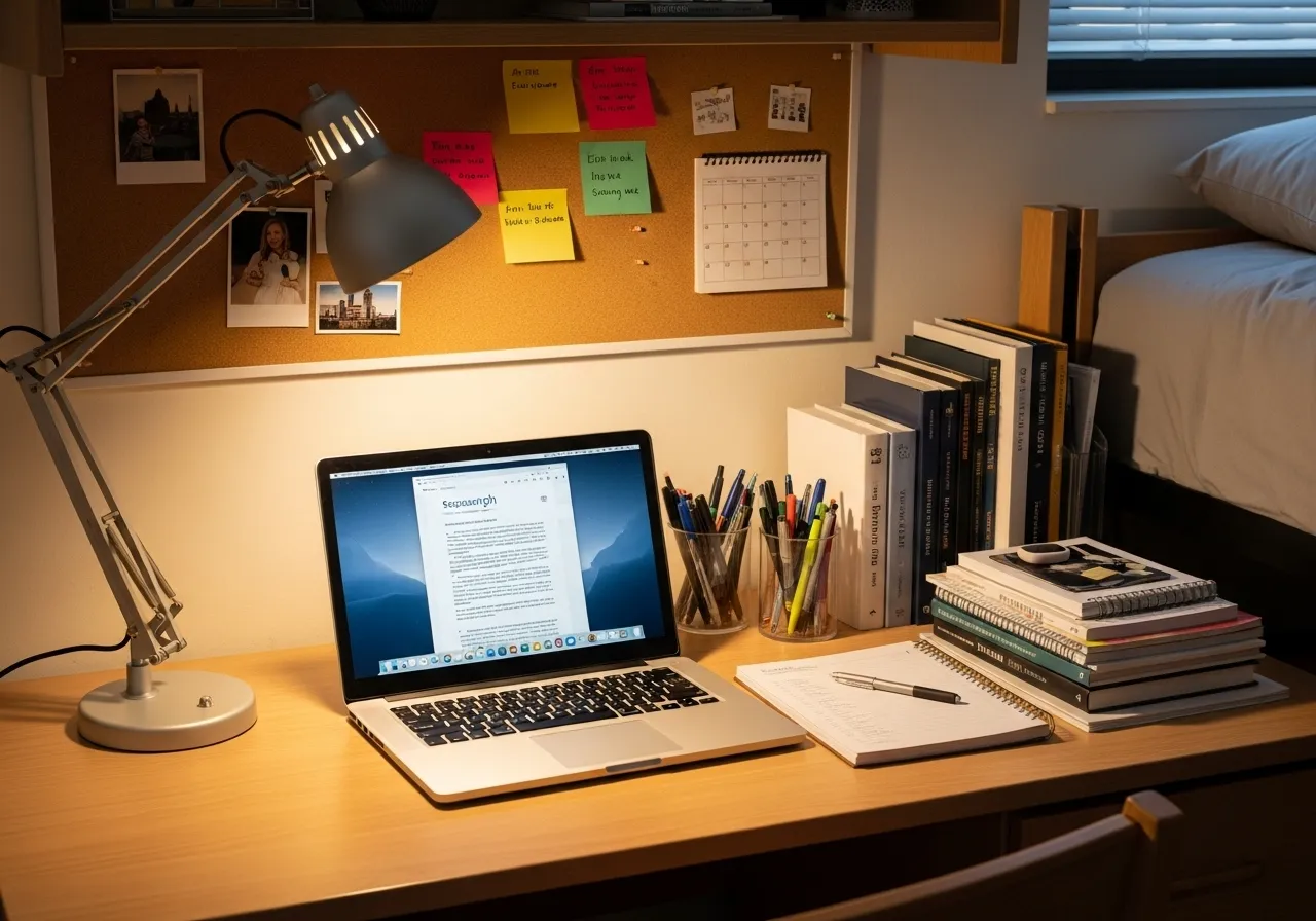 College dorm room study area with organized desk and proper lighting