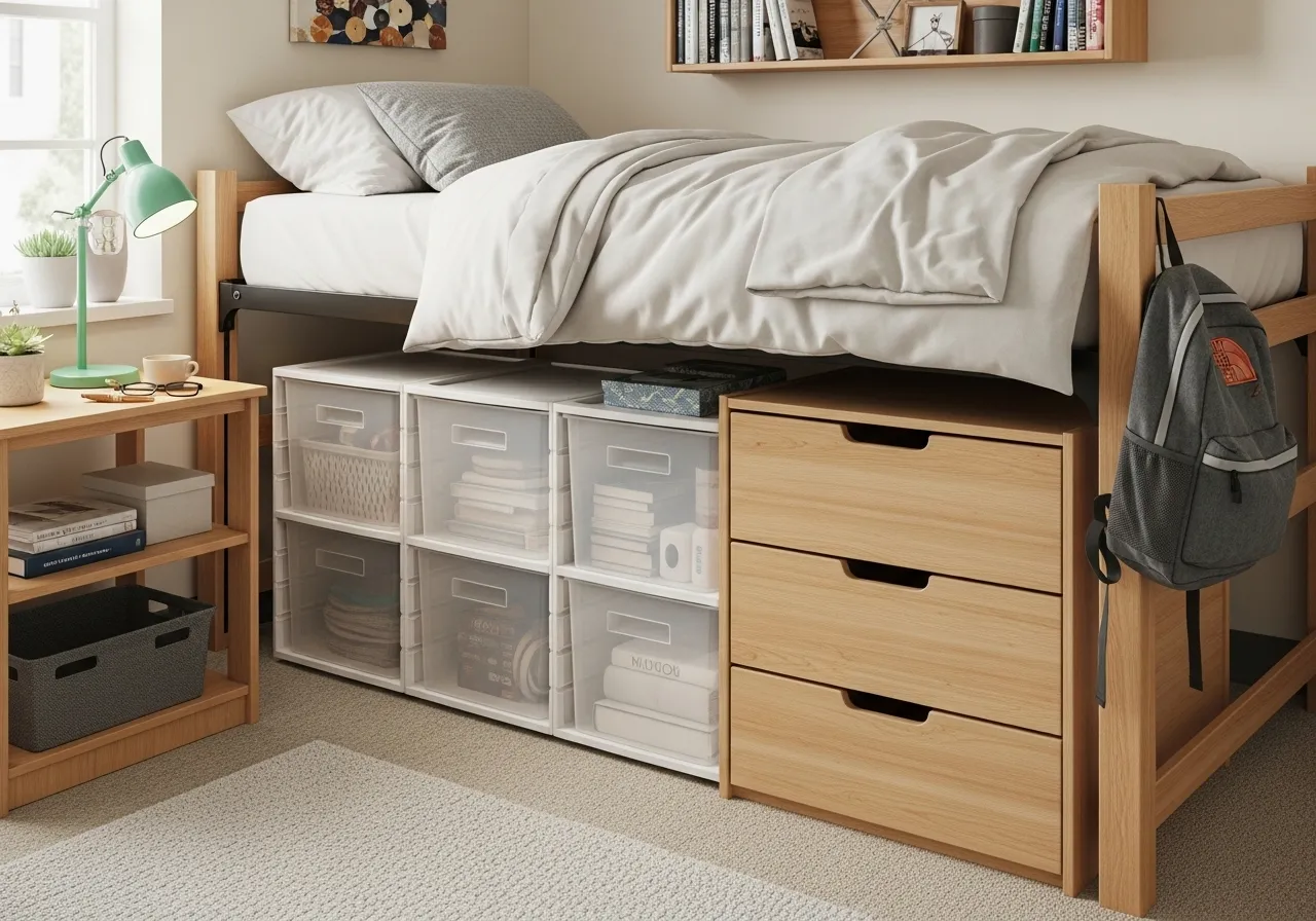 College dorm room under-bed storage ideas for clothes and organization