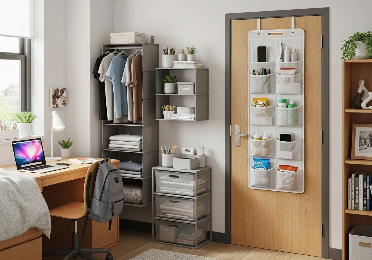 College dorm room vertical storage and over-the-door organization ideas