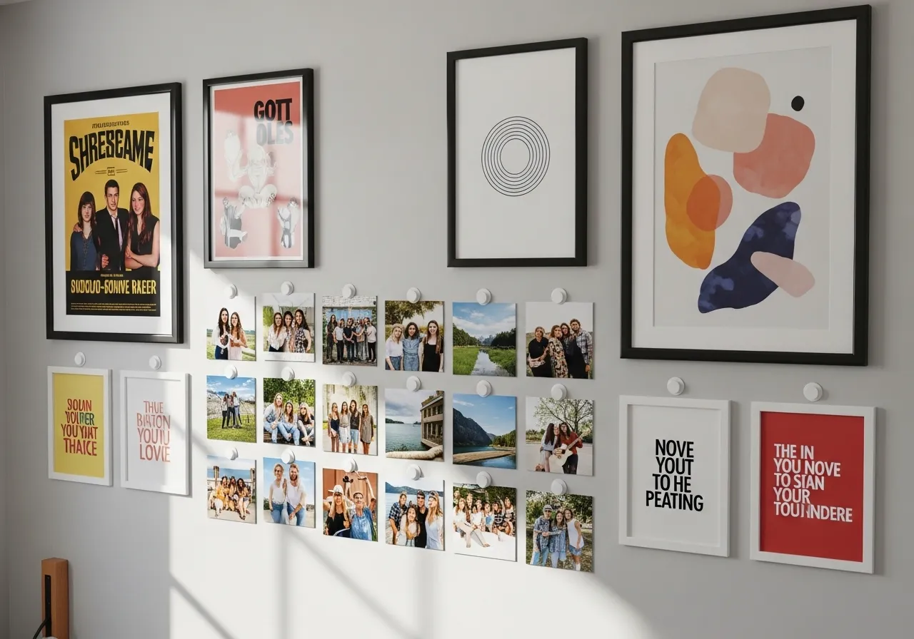 College dorm room wall decor with photos, posters, and personalized artwork