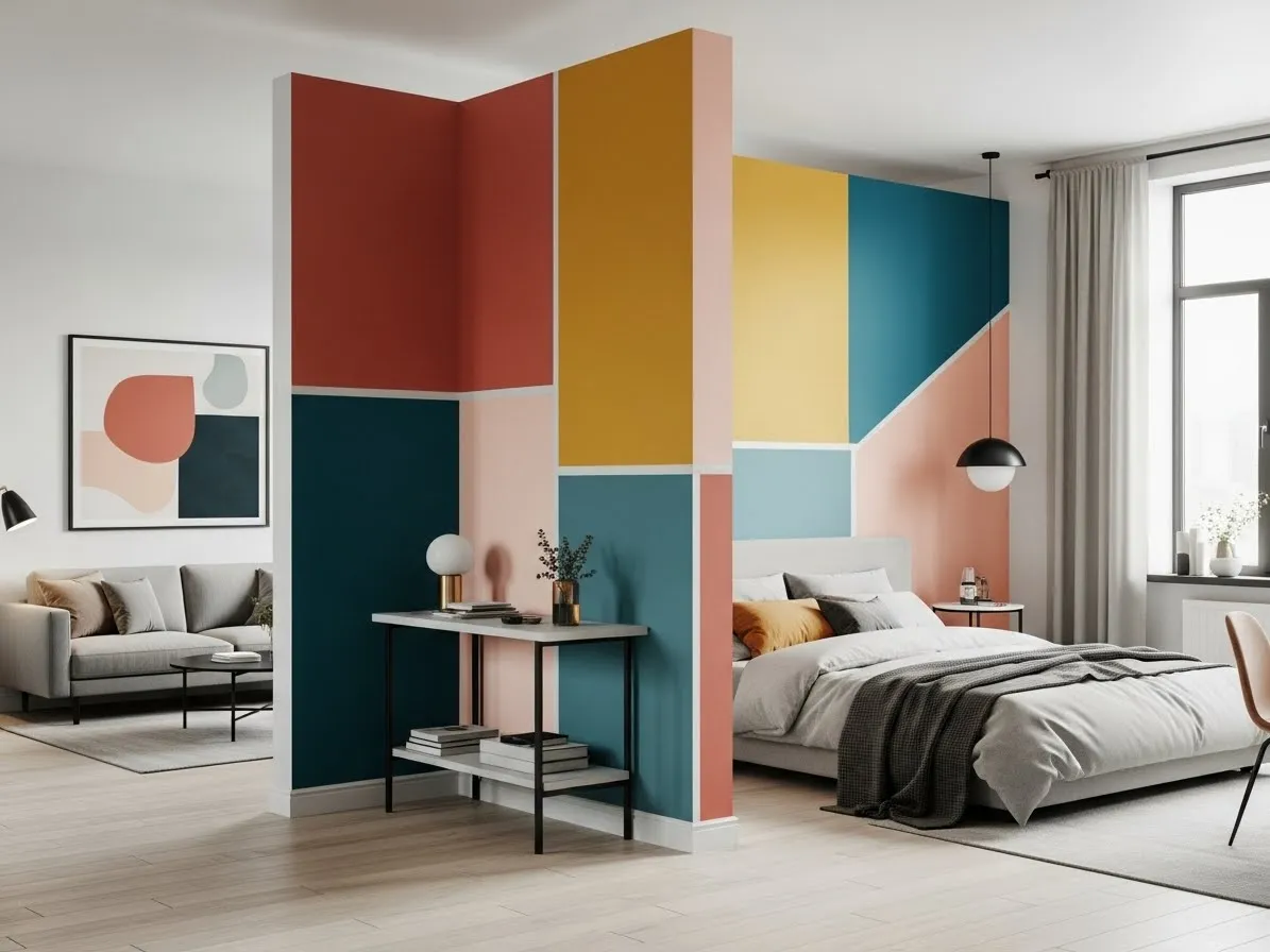 Color-block painted partition wall visually separating zones in an open studio