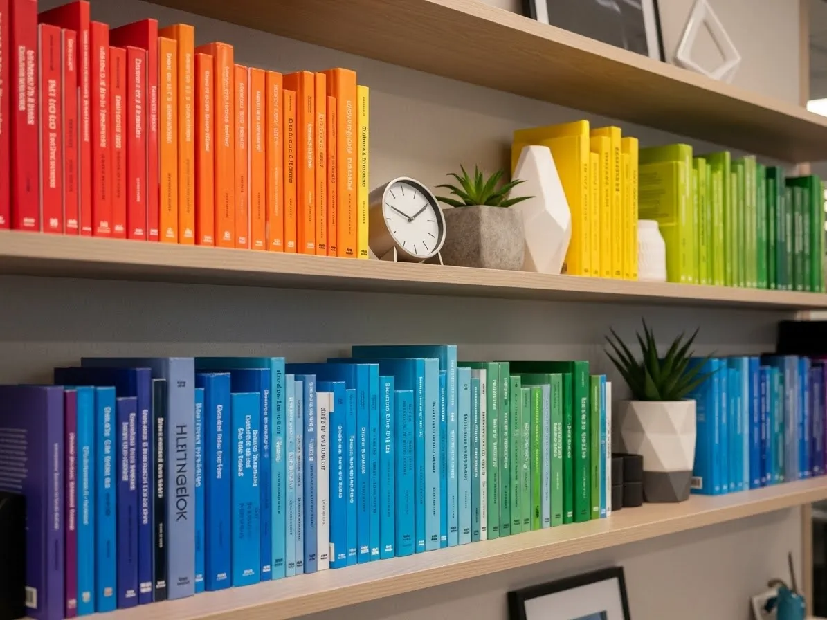 Office shelf with color-coded books creating a vibrant and organized look.
