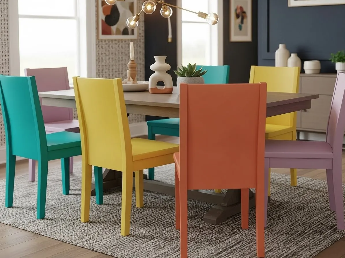 Colorful dining room with color-blocked chairs around a neutral table