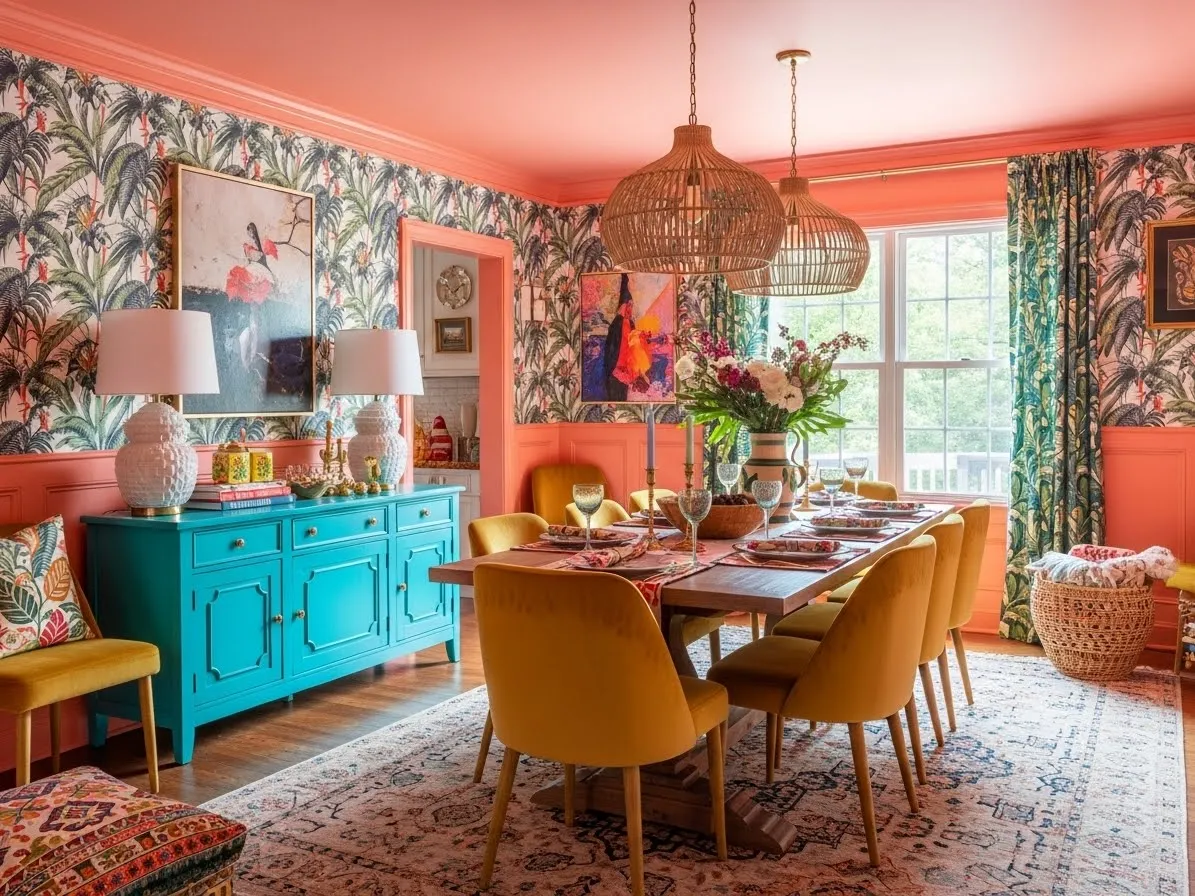 Colorful dining room with coral walls and mustard velvet chairs