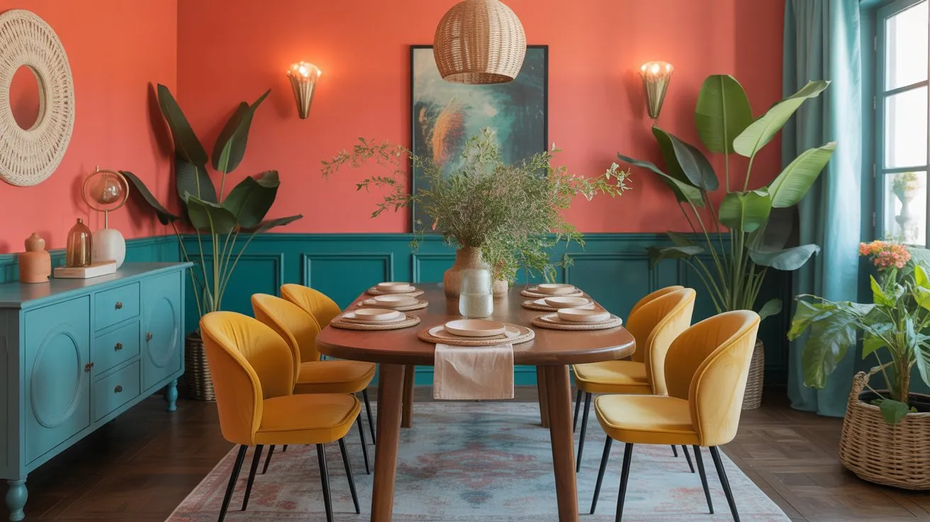 Colorful dining room with coral walls, mustard chairs, turquoise sideboard, and styled wood dining table
