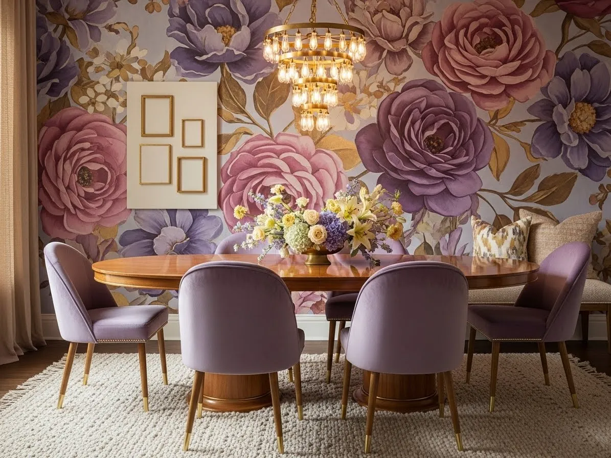 Colorful dining room with floral mural and lavender chairs