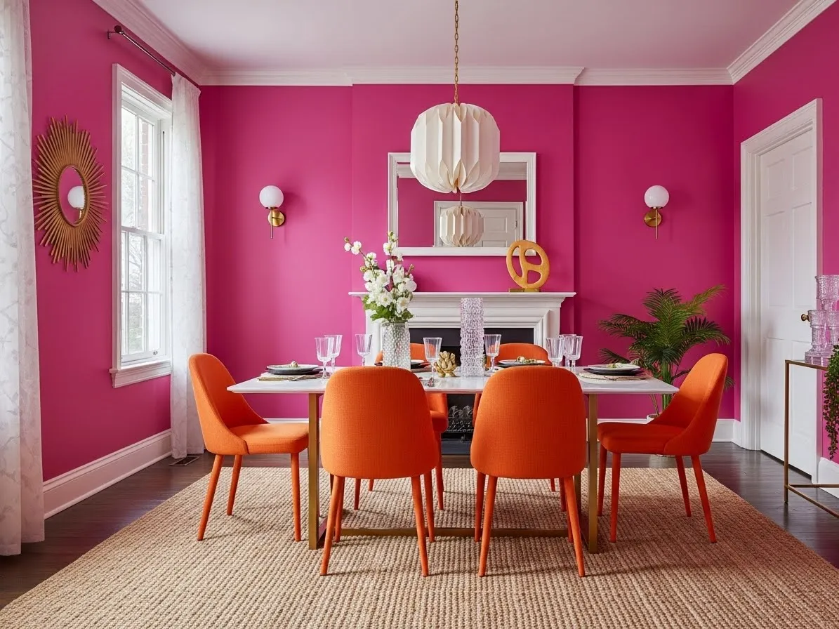Colorful dining room with hot pink walls and orange chairs