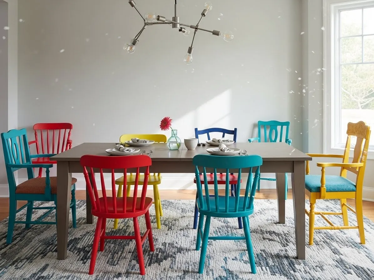 Colorful dining room with mixed red, teal, and yellow chairs