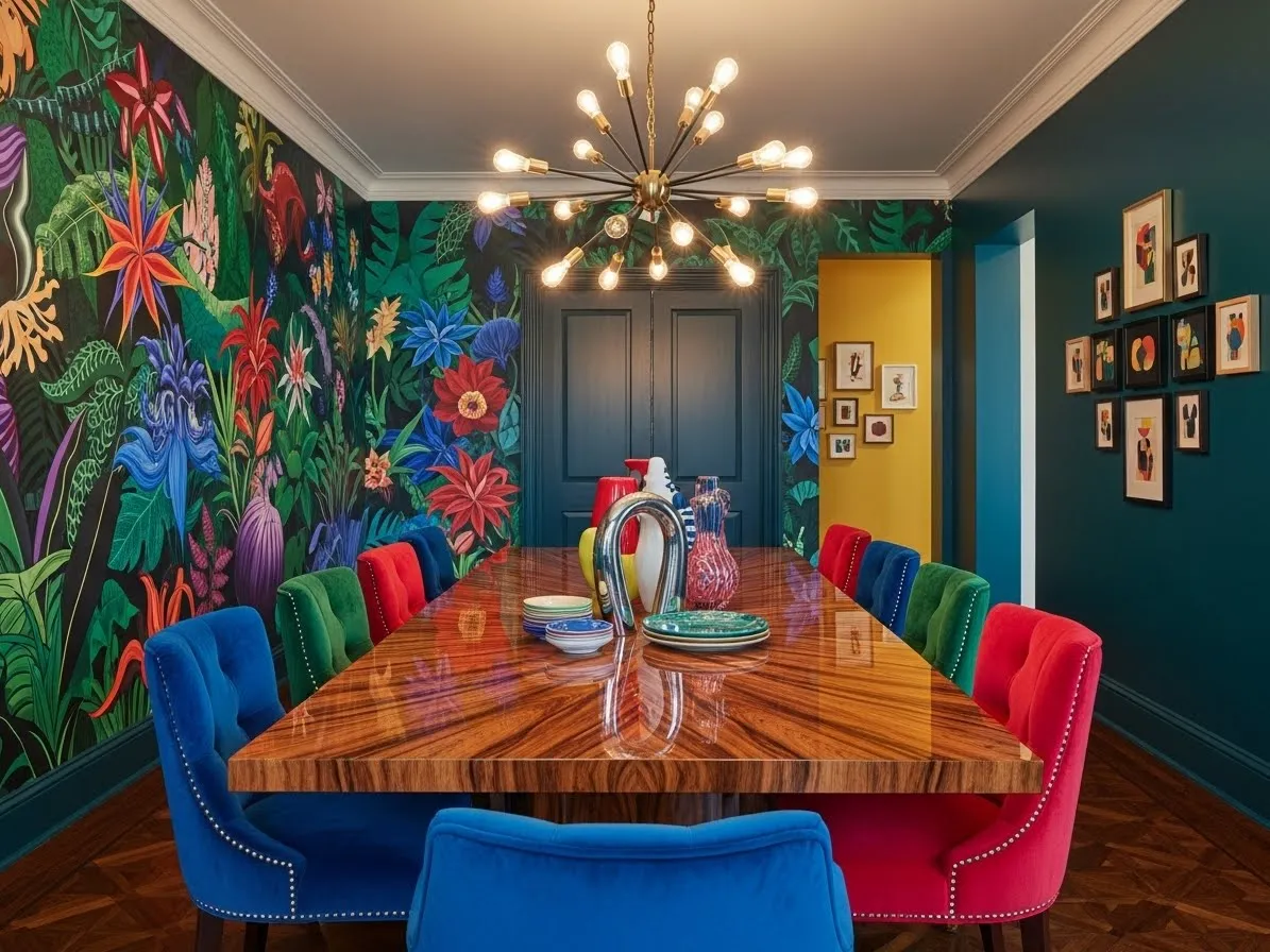 Colorful dining room with oversized mural and jewel-toned chairs
