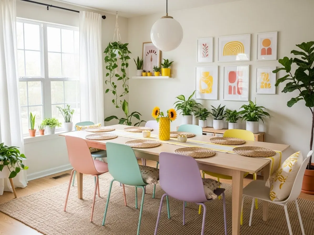 Colorful dining room with pastel chairs and yellow accents