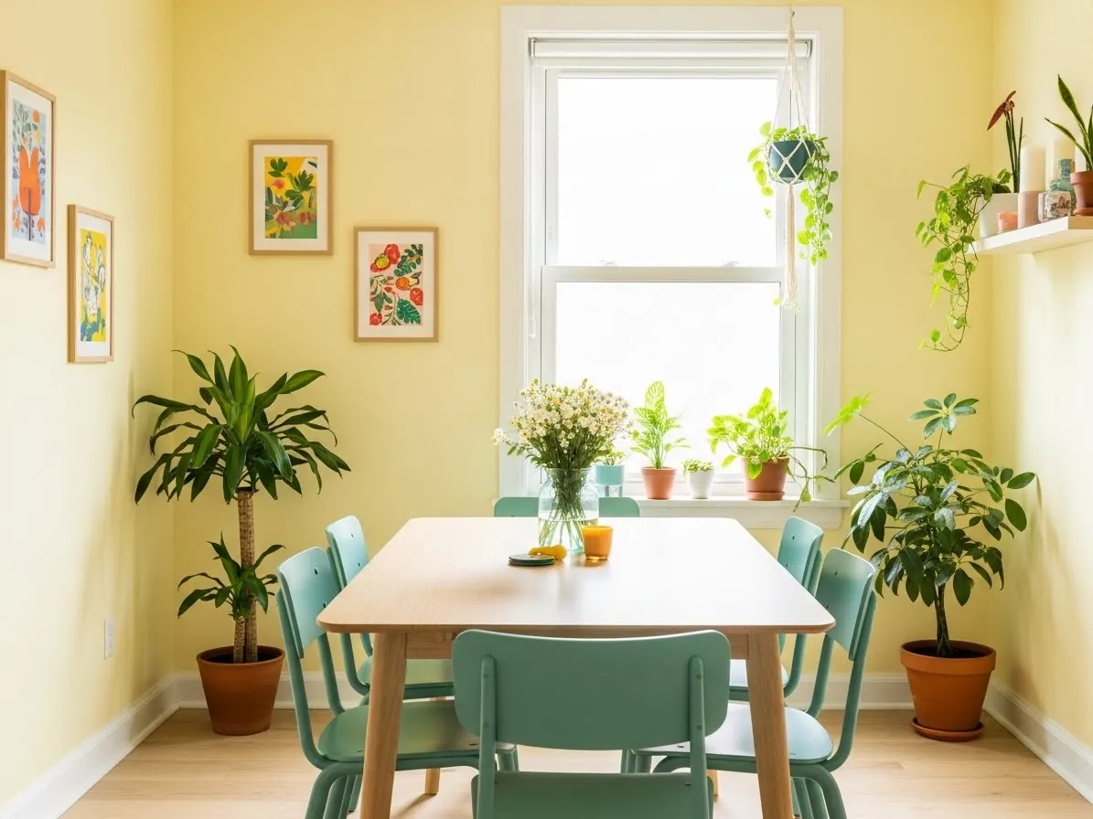 Colorful dining room with pastel yellow walls and aqua chairs