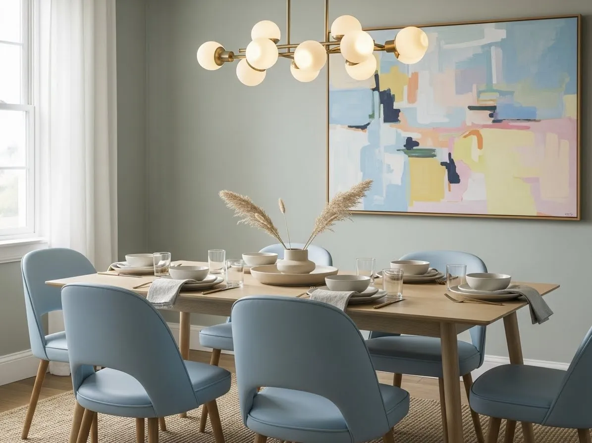 Colorful dining room with retro pastel blue chairs and wooden table