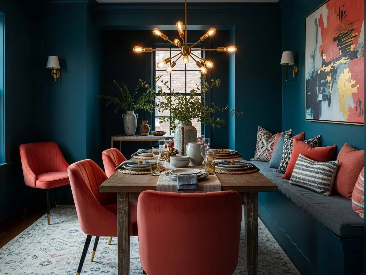 Colorful dining room with teal walls, coral velvet chairs, and brass chandelier