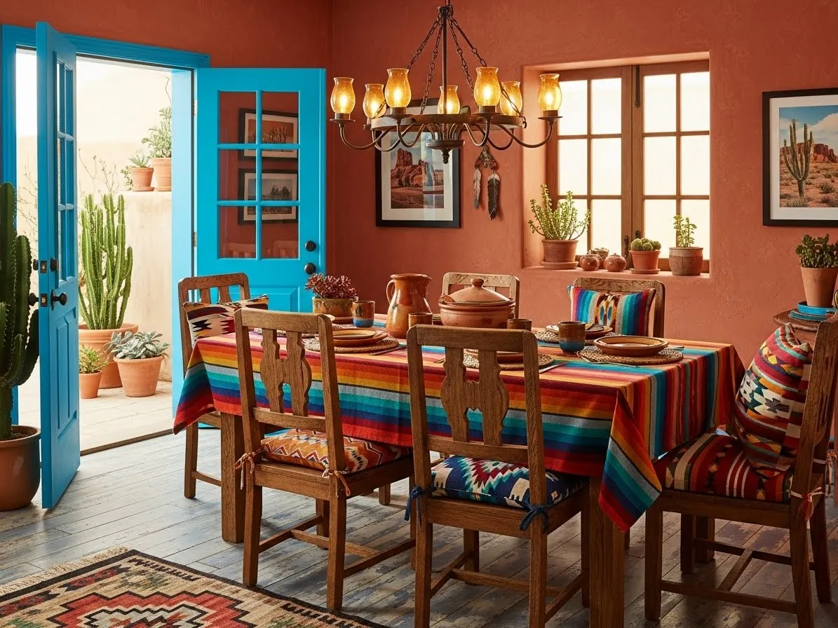 Colorful dining room with terracotta walls and turquoise doors