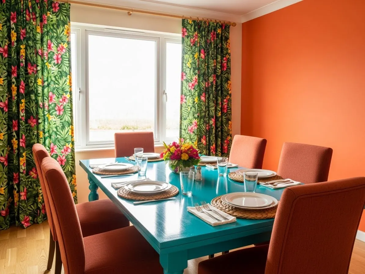 Colorful dining room with turquoise table, tropical curtains, and rust-upholstered chairs