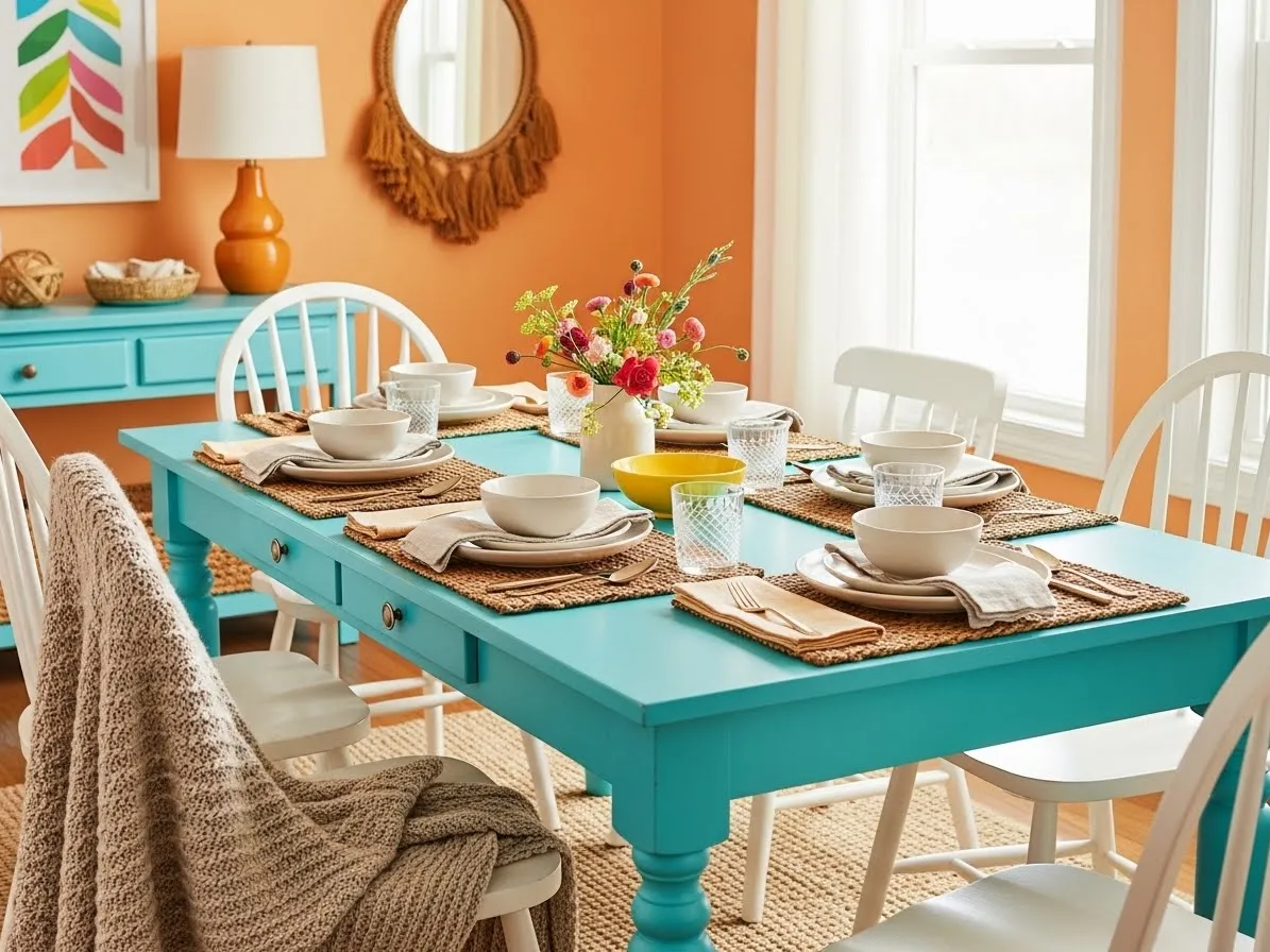 Colorful dining room with turquoise farmhouse table and tangerine walls