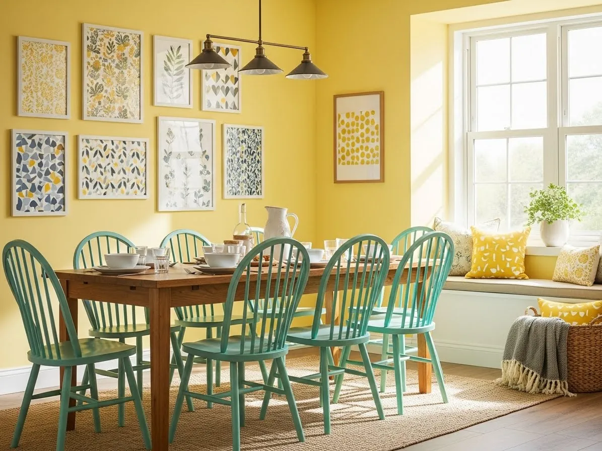 Colorful dining room with yellow walls and aqua Windsor chairs