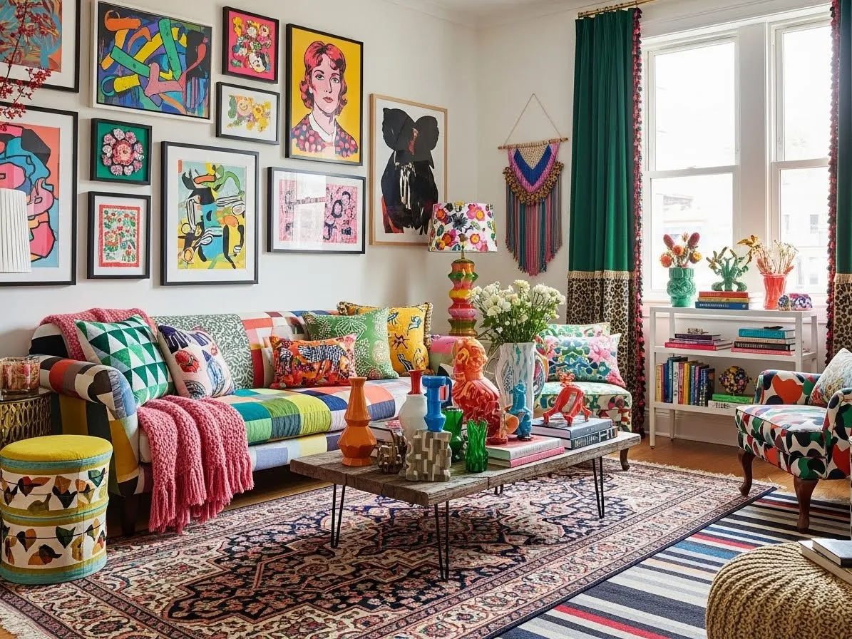 Colorful maximalist living room with layered patterns and vibrant home decor