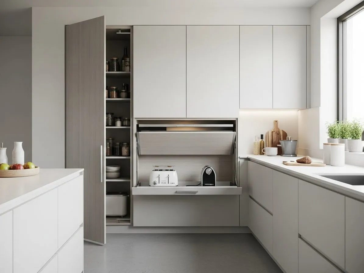 Concealed kitchen storage and appliance garage trend for a clutter-free kitchen