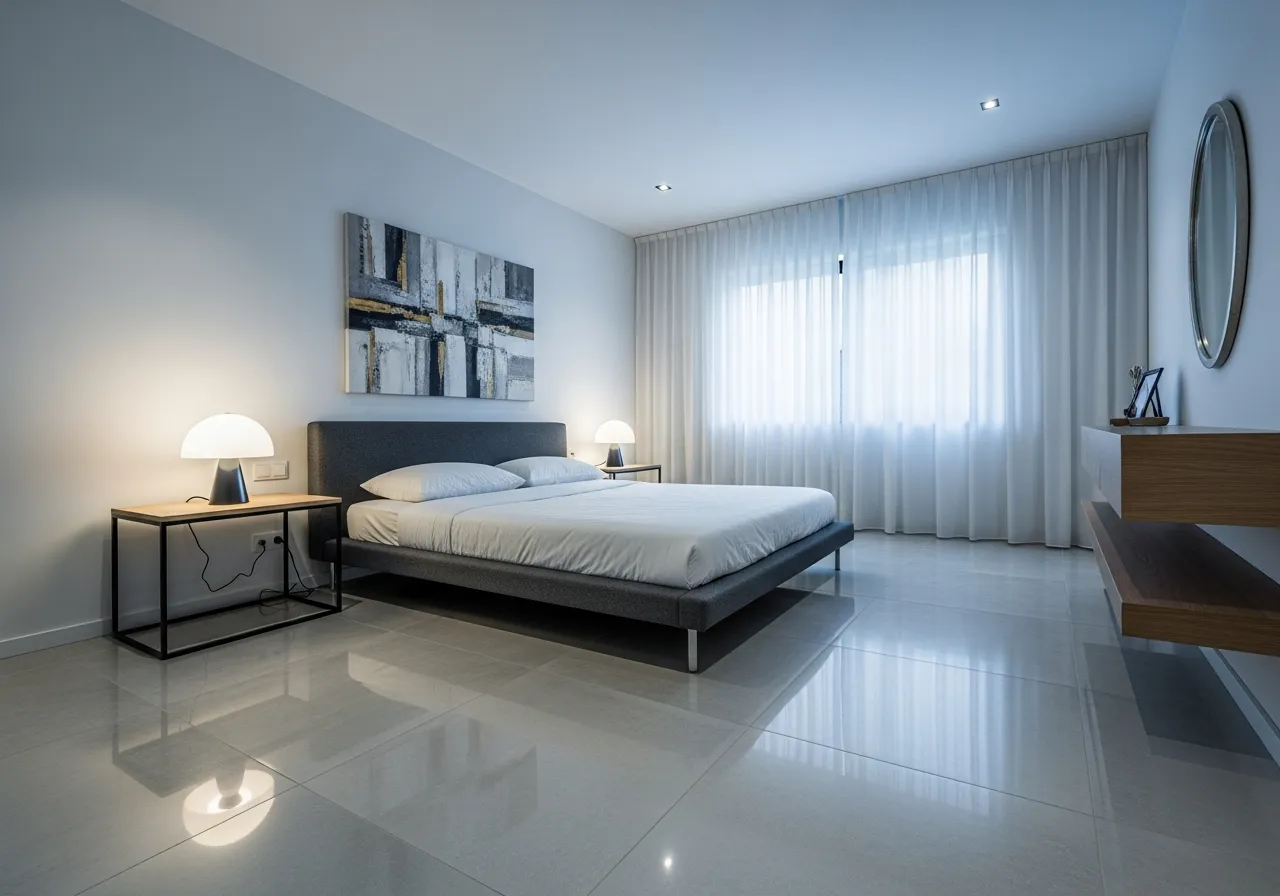 Contemporary bedroom-with-tile-floor with sleek modern design