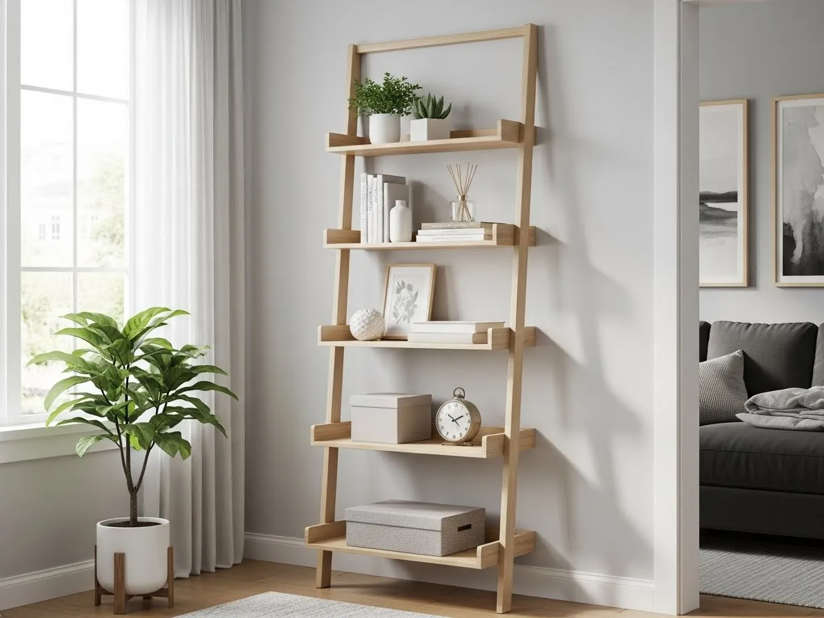 Corner ladder shelf decor ideas for small rooms