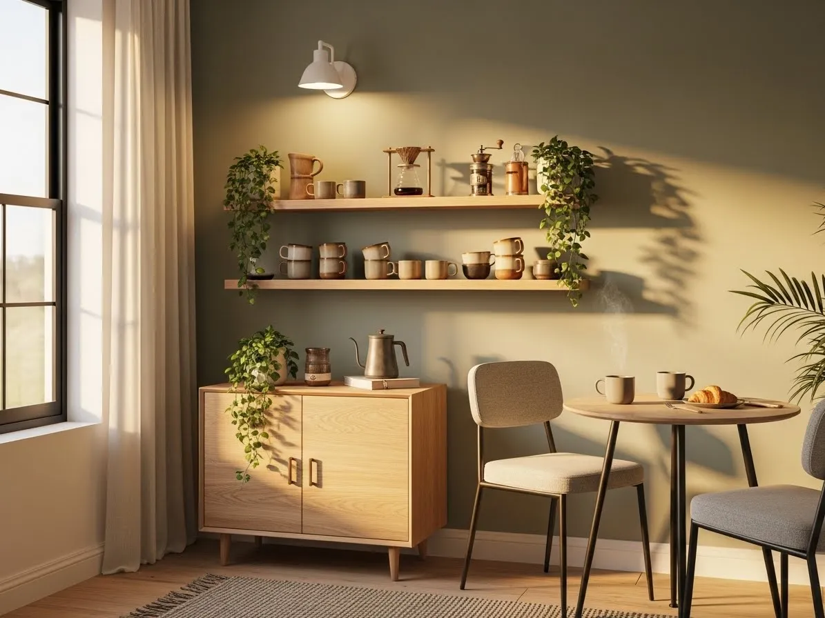 Cozy coffee bar nook with shelves and warm decor in a modern home