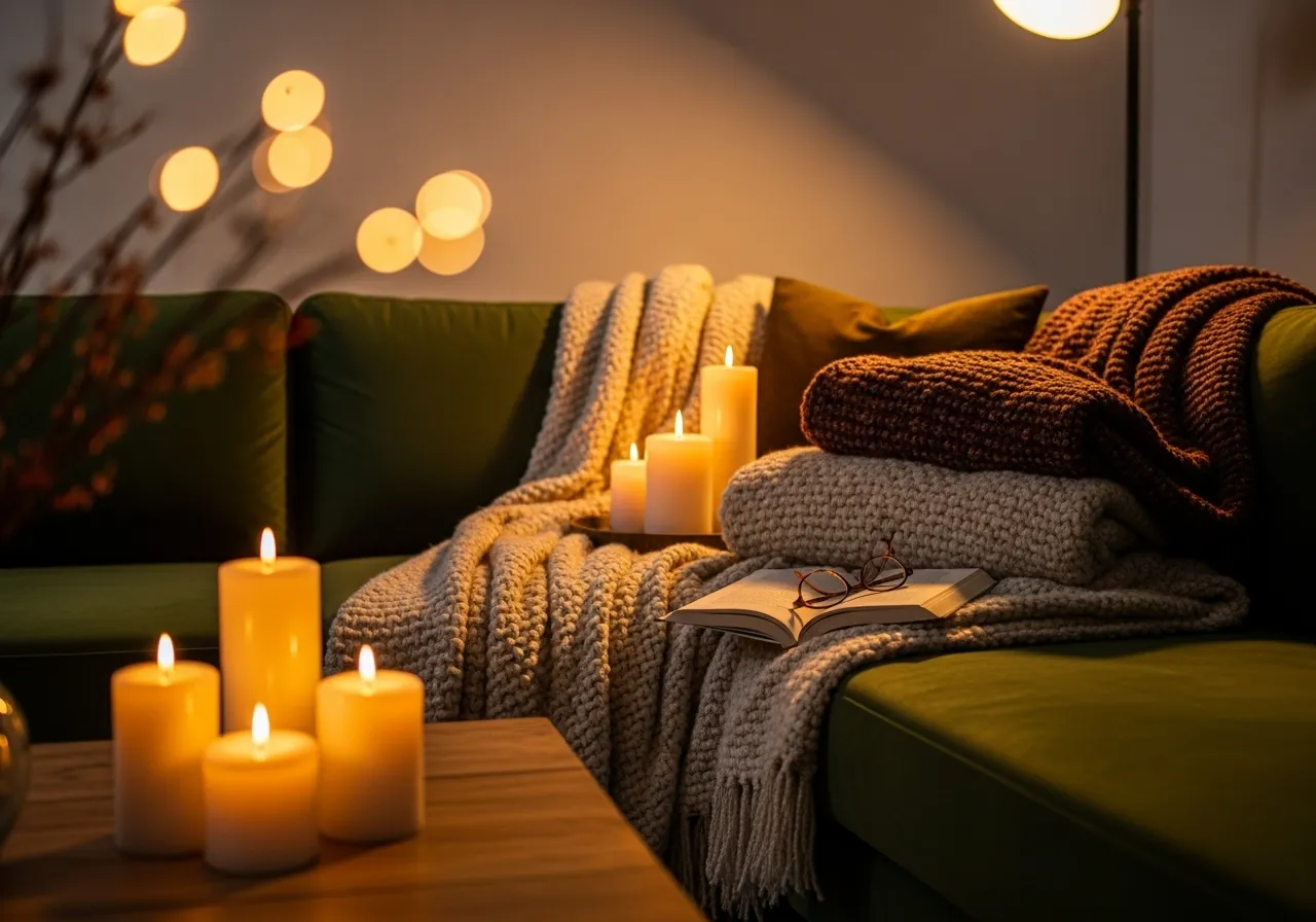 Cozy evening living-room-with-green-sofa with warm lighting