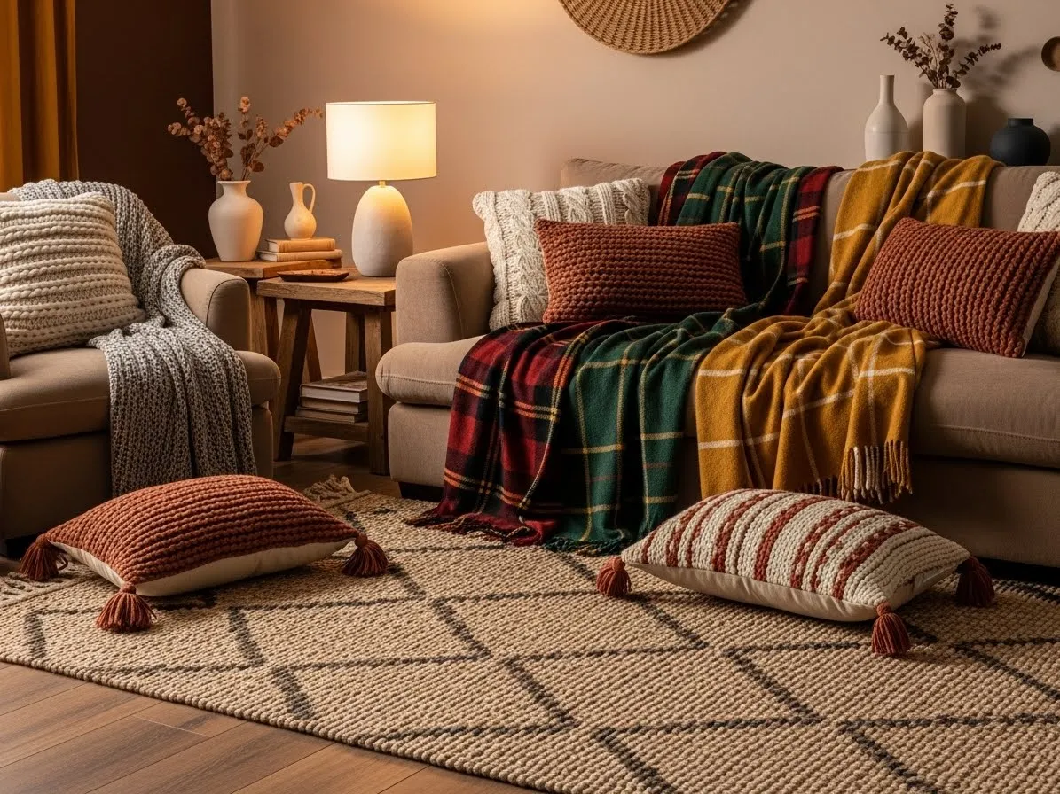 Warm earthy living room styled with cozy plaids and layered textiles