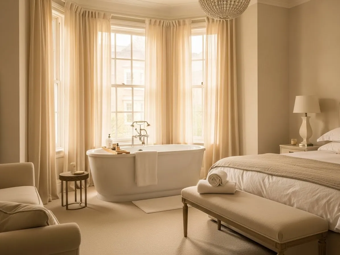 Cream-toned bedroom with bathtub positioned near a bright bay window