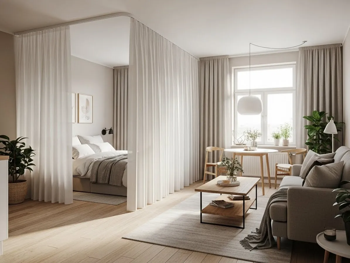 Soft white curtain partition separating zones in a cozy studio apartment