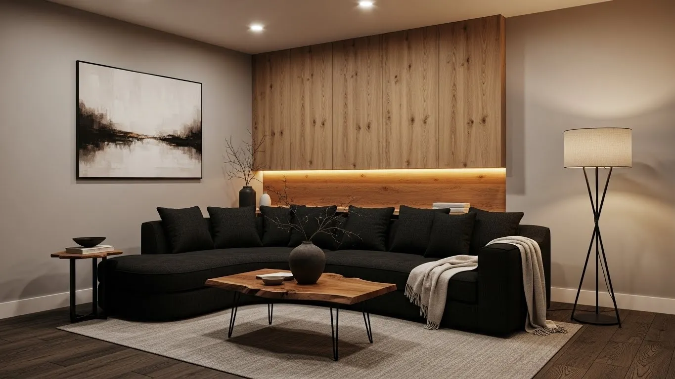 Masculine living room with curved black sofa and modern decor