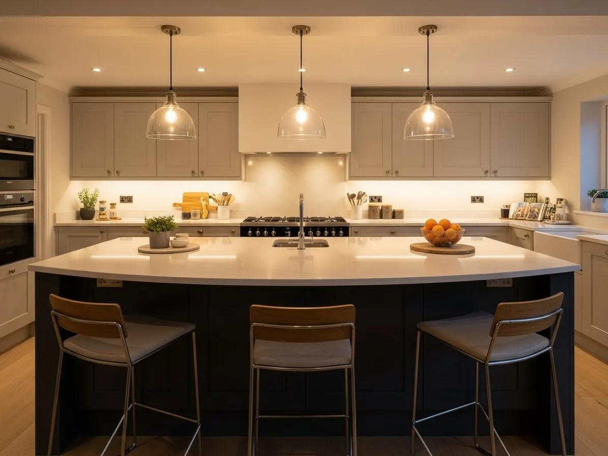 Curved kitchen island ideas featuring a modern marble waterfall island in a bright kitchen