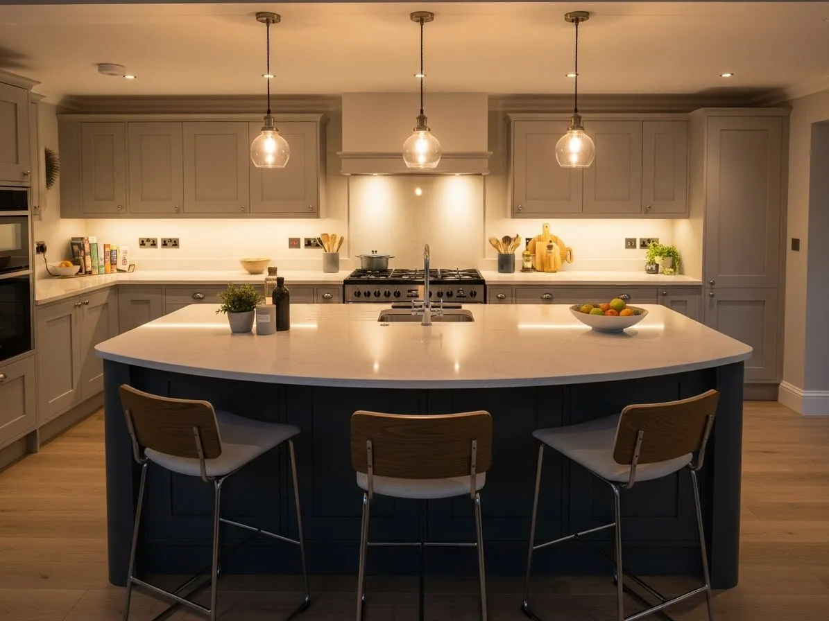 Curved kitchen island with bar stools and casual seating area