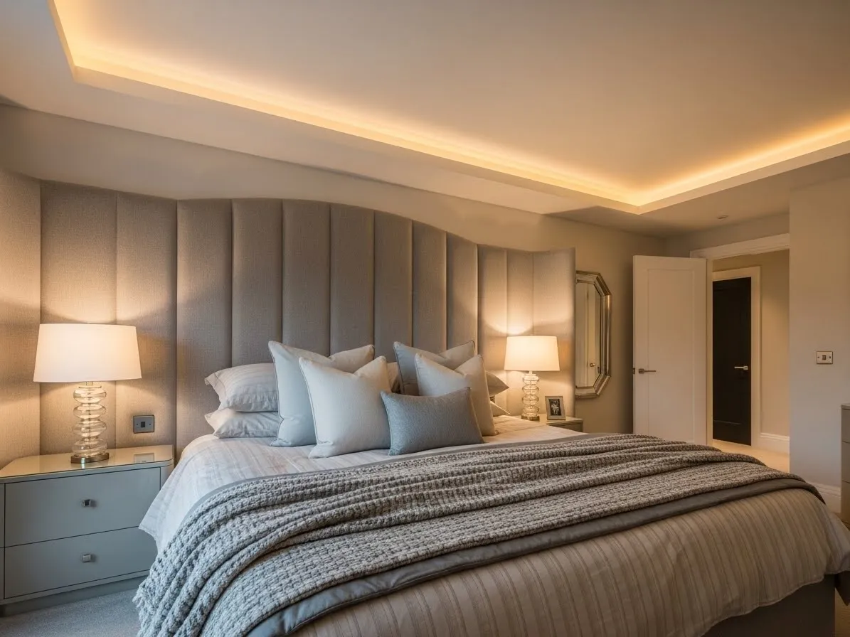 Bedroom with a curved statement headboard adding softness and modern elegance.