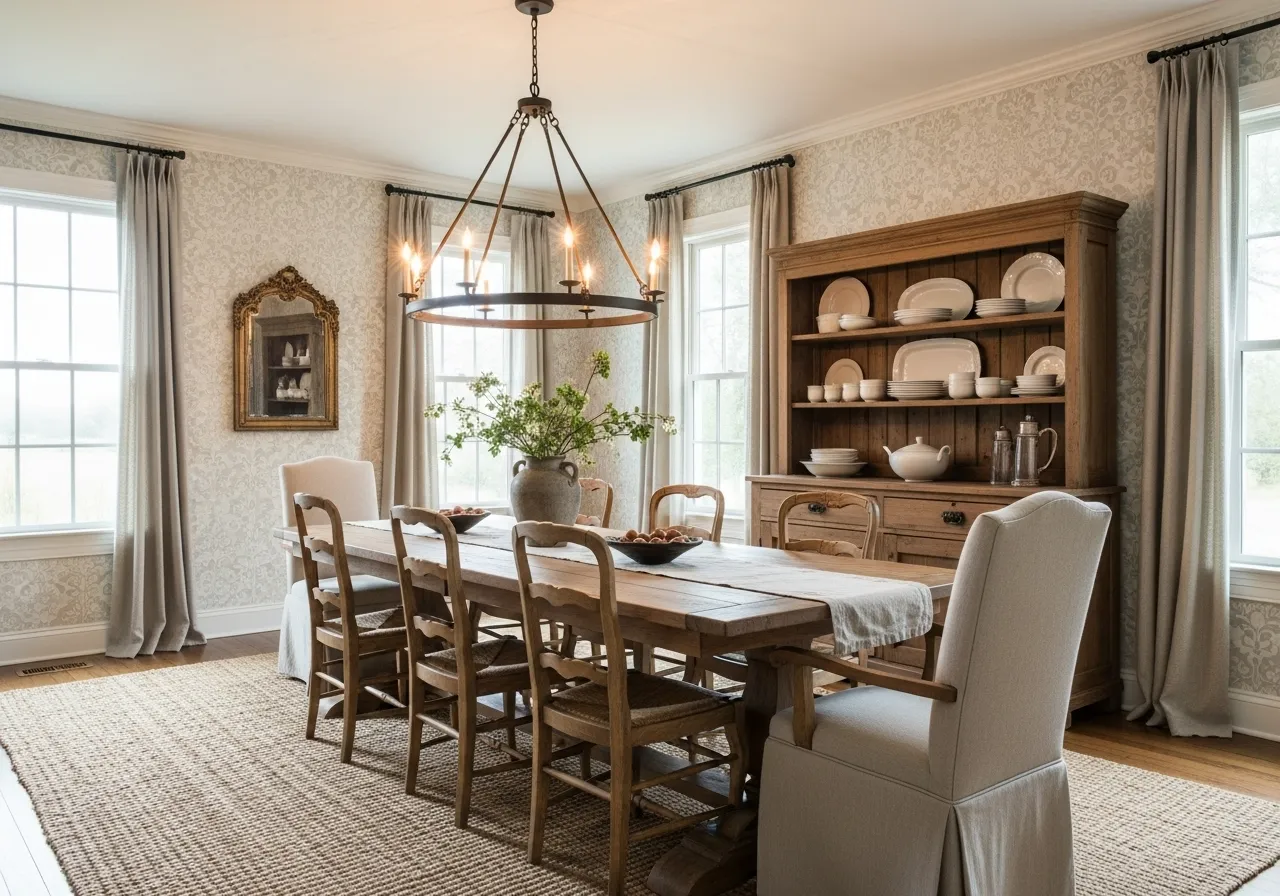 Subtle damask farmhouse wallpaper ideas with rustic elegance