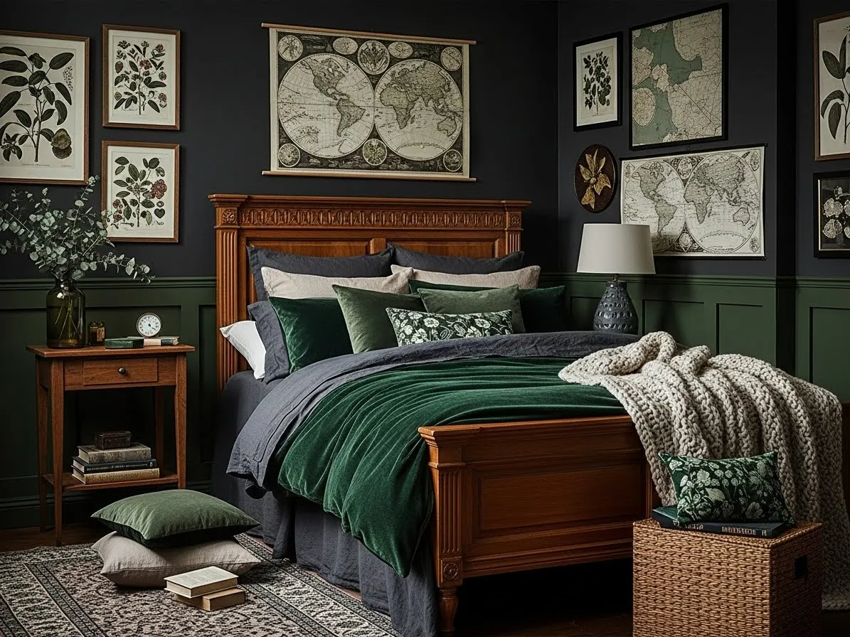 Dark academia bedroom with moody wall colors, warm lighting, and a cozy vintage atmosphere