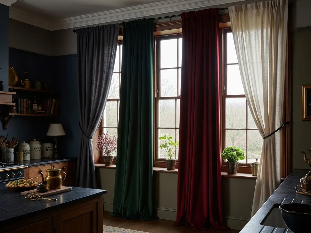 Dark velvet curtains framing windows in a dark academia kitchen