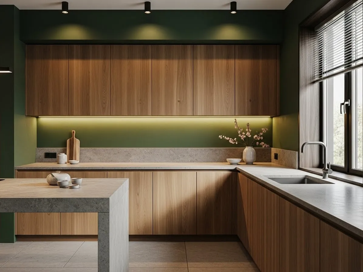 Japandi kitchen with dark walls and warm wood finishes for a cozy, modern look.