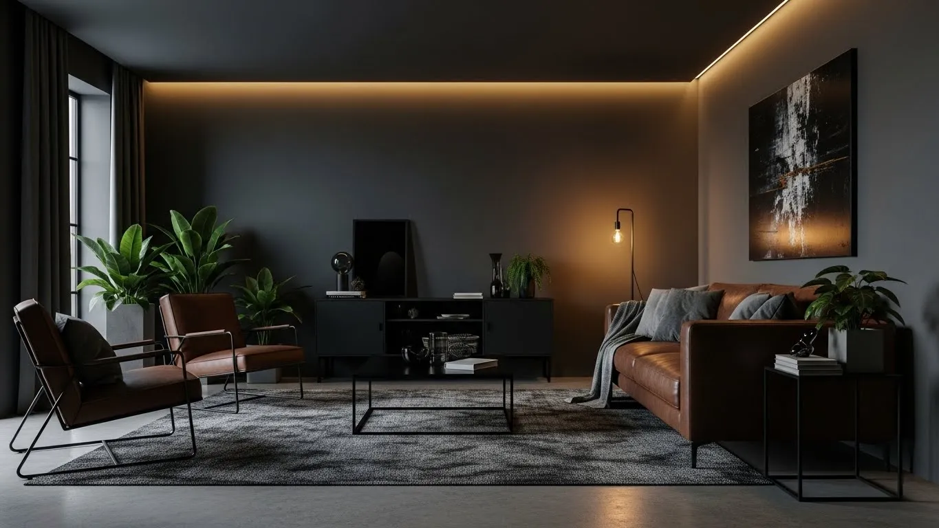 Dark masculine living room with leather sofa, moody walls, and warm lighting