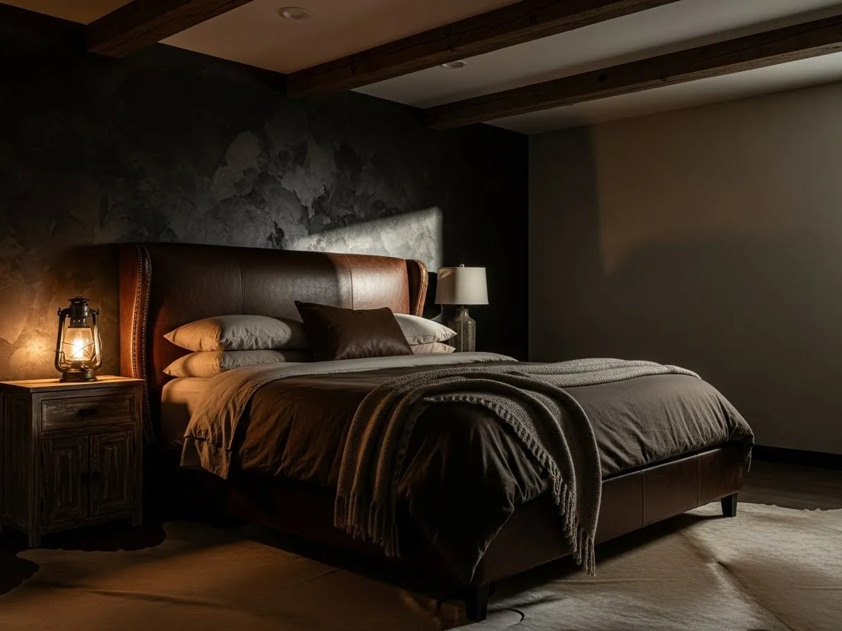 Dark western bedroom with leather headboard, cowhide rug, and rustic wood details.
