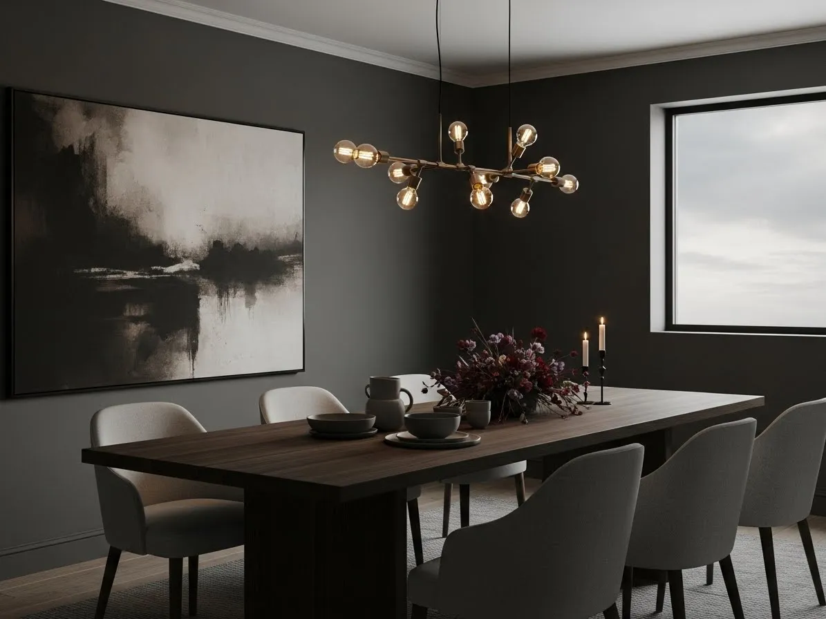 Moody dining room with dark table and light chairs