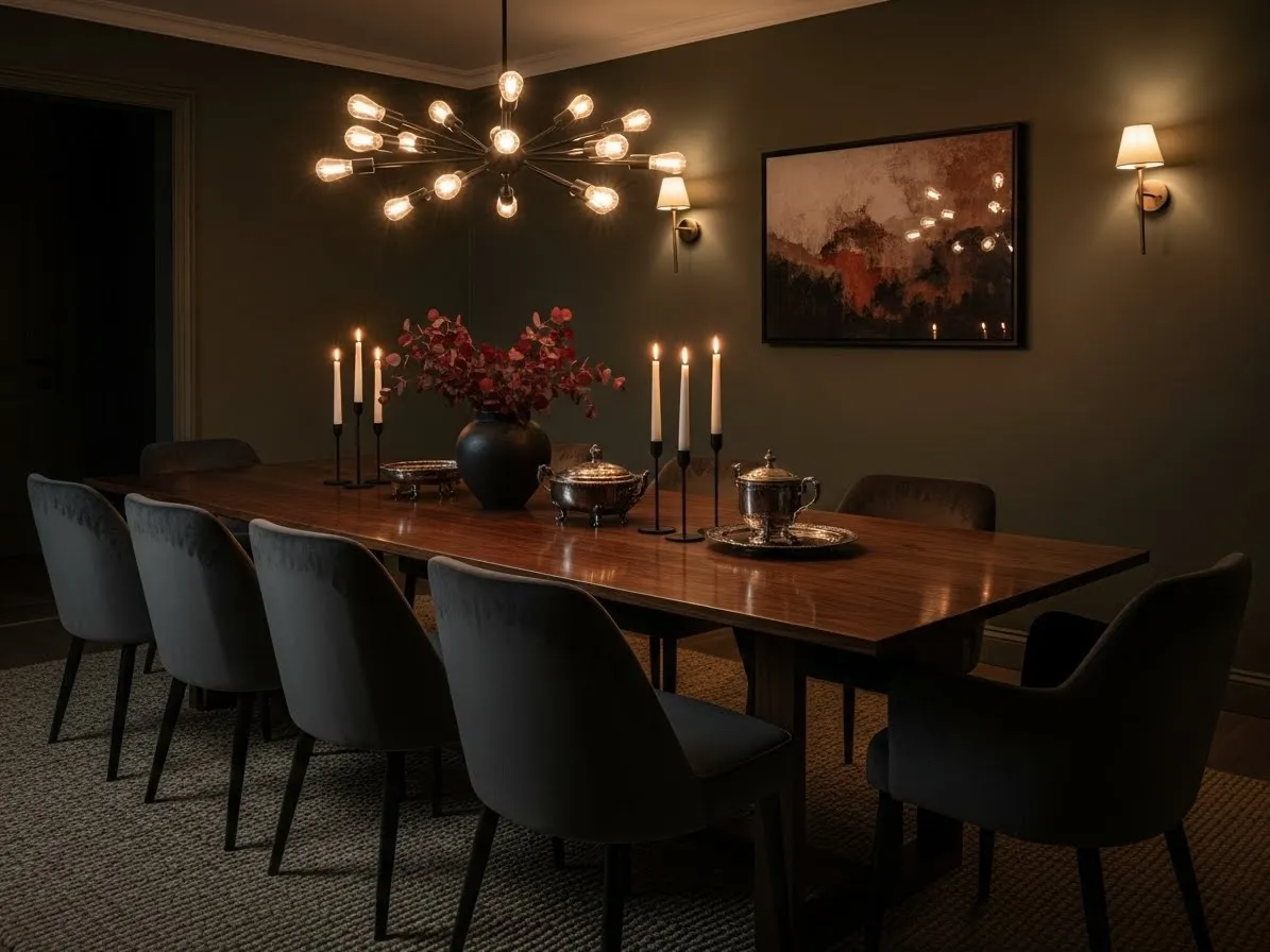 Moody dining room with dark wood dining table and cozy lighting