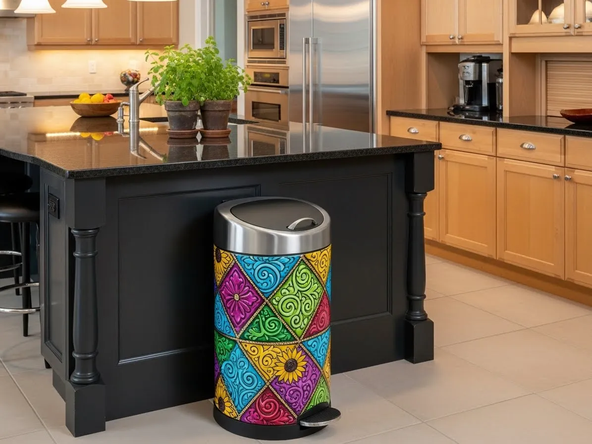 Decorative and colorful kitchen trash can adding personality