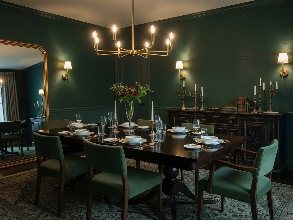 Deep green moody dining room with wood furniture and brass lighting