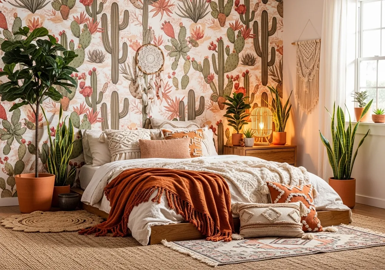 Boho bedroom with desert and cactus-inspired wallpaper