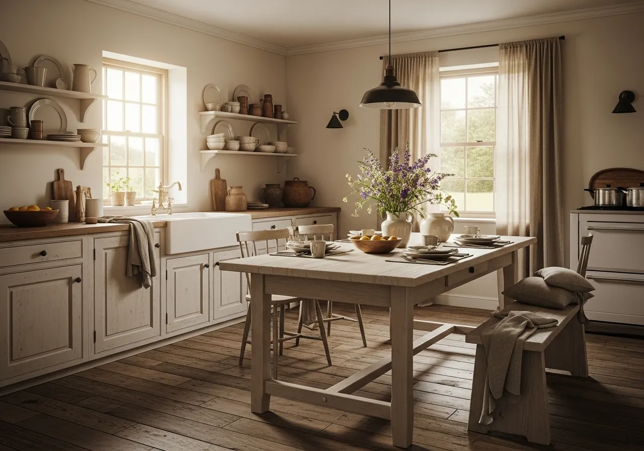 Country kitchen ideas with distressed wood flooring and rustic warmth