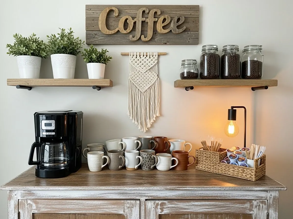 DIY coffee bar created from repurposed furniture at home