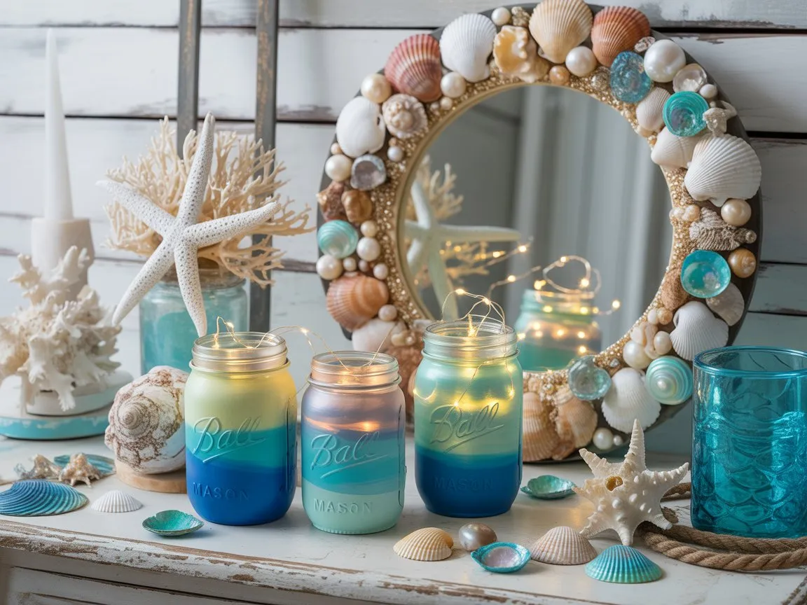 DIY mermaid home decor ideas with seashell art and ocean-colored accents
