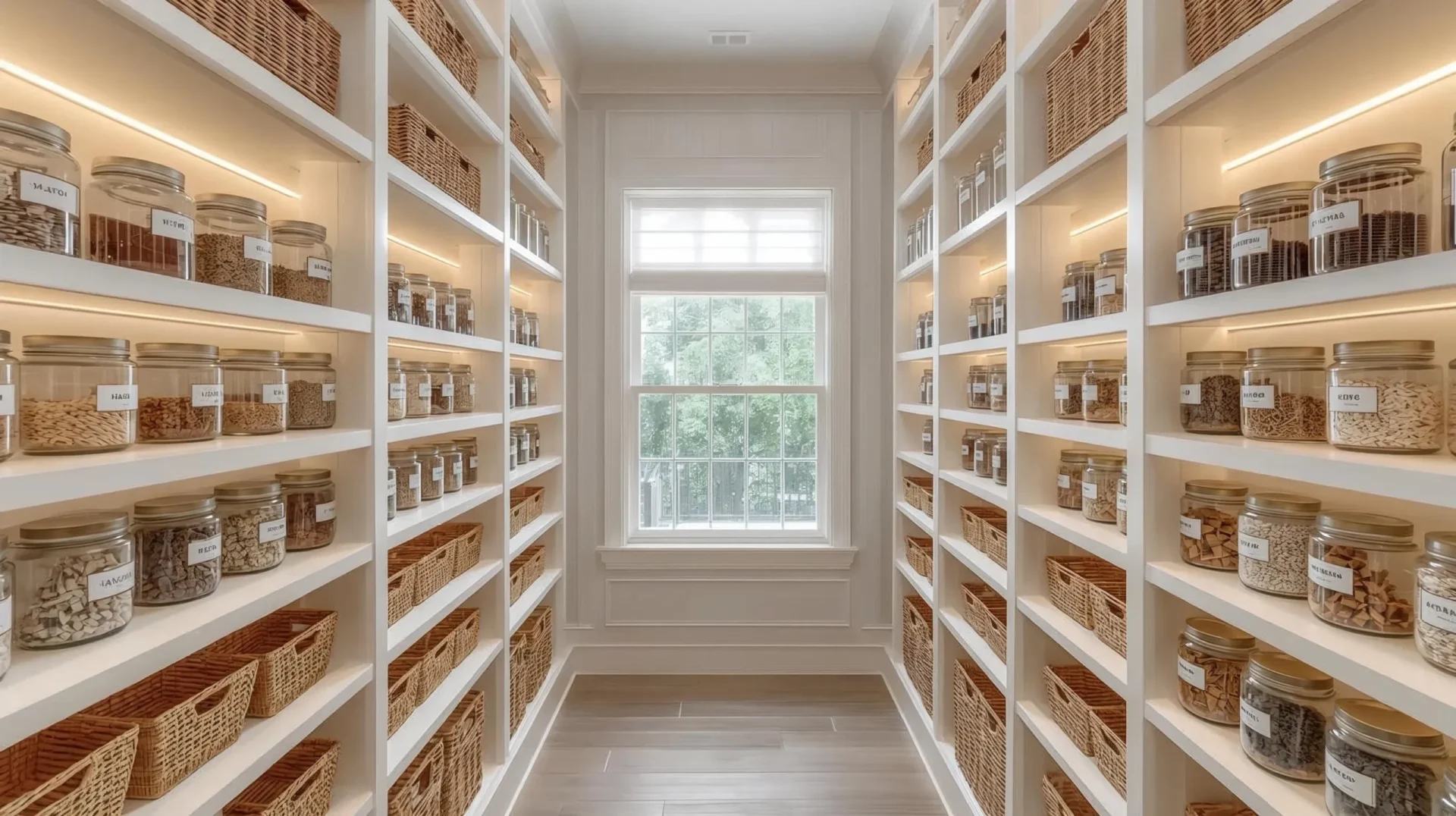 DIY walk-in pantry ideas with open shelving, clear storage containers, and modern farmhouse design
