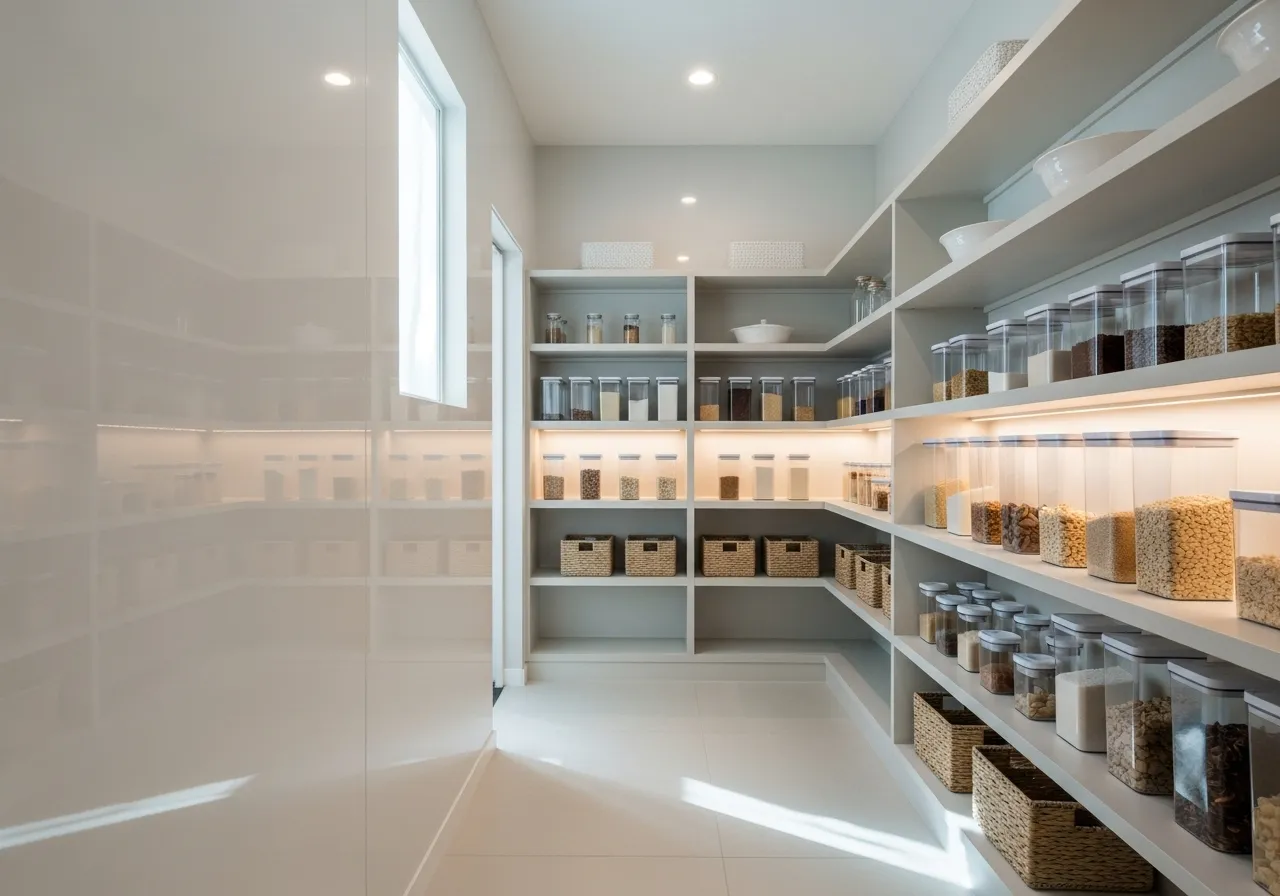 DIY walk-in pantry ideas with light and high-gloss paint colors
